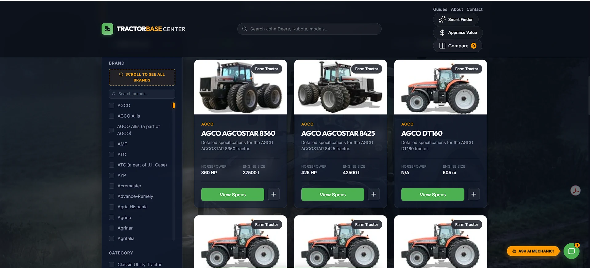Η live πλατφόρμα TractorBase Center με αναζήτηση, φίλτρα, κάρτες μοντέλων και AI Mechanic